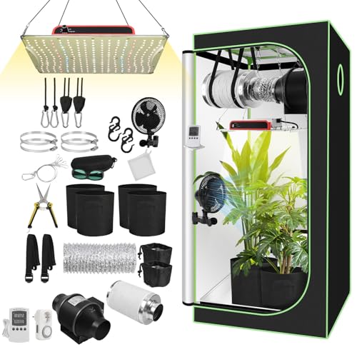 Ollewiellan Growzelt Komplettset 80x80x160cm mit 200W Flach LED Grow Lampe, Belüftungsset & Aktivkohlefilter, Vollspektrum Hydroponik
