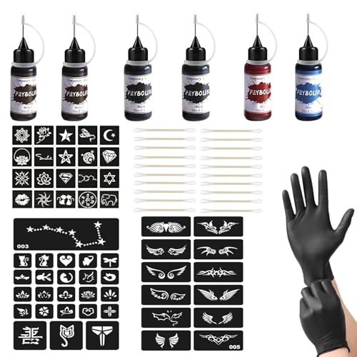 ElevaPulse Henna Set mit 6 Flaschen Tinte - Komplettset mit 56 Schablonen und Zubehör für temporäre Tattoos DIY Körperkunst