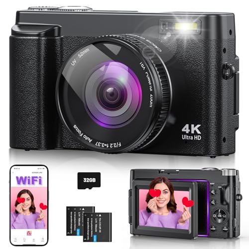 4K 64MP Digitalkamera mit WLAN, 16X Digitalzoom, 180° Flip Screen Autofokus Vlogging Fotoapparat mit Selfie, WiFi Kompaktkamera mit 32GB Karte 2 Batterien für Anfänger