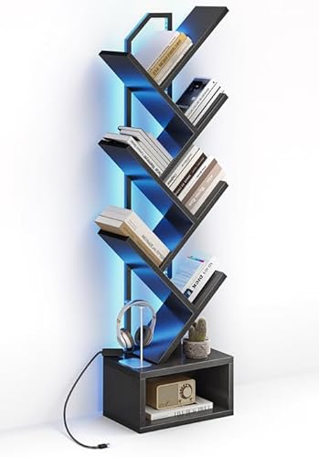 Coleshome Bücherregal im Baumform, Standregal mit 6 Ebenen, Bücherregal Holz mit Lichtband, Geeignet für Wohnzimmer und Schlafzimmer，Schwarz