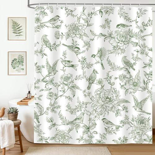 hometrixx Bauernhaus Retro Duschvorhang 180 x 200 cm Salbeigrün Blumen Vögel Badevorhänge Polyester Badezimmervorhang für Dusche Bad Wasserdicht Maschinenwaschbar mit 12 Ringe