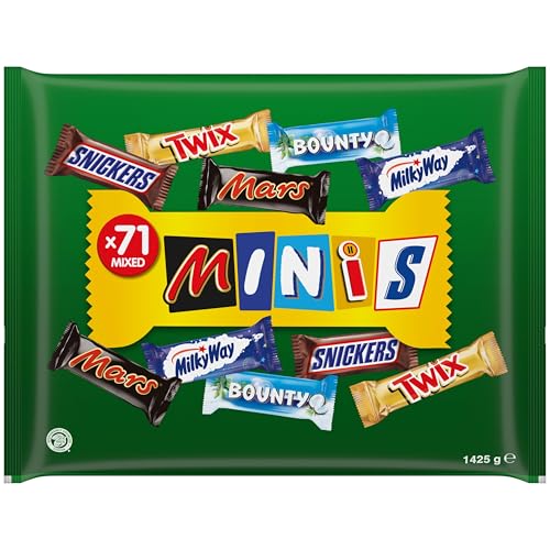 Mixed Minis Schokolade Großpackung, 71 Mini-Schokoriegel Snacks (Mars, Snickers, Bounty, Twix, Milky Way) als Süßigkeiten, Ideal für Adventskalender 2025, Schokoladen Geschenk, Süßigkeiten Box (1400g)