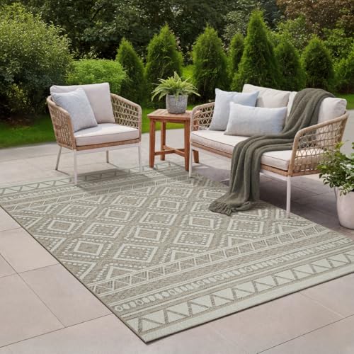the carpet Calgary - Outdoor Teppich Wetterfest für Balkon & Terrasse, Robuster Flachgewebe Teppich für Garten, Pflegeleicht In- & Outdoor, Boho Vintage Design, Beige, 200 x 280 cm