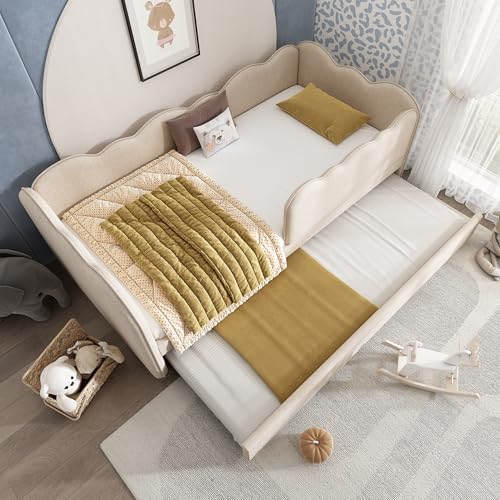 Kebnor Polsterbett Daybett 90x190cm,Tagesbett Schlafsofa mit Ausziehbett 90x190cm, Kinderbett mit Lattenrost, ohne Matratze (Leinen, Beige)