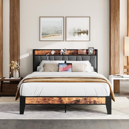 IRONCK Bett 140x200 mit Metal Lattenrost, Bettgestell 140x200cm mit Steckdosen, USB-Anschlüsse & Typ-C-Anschlüsse, Metallbett 140x200 mit Gepolstertem Kopfteil & Stauraum, Jugendbett, Doppelbett