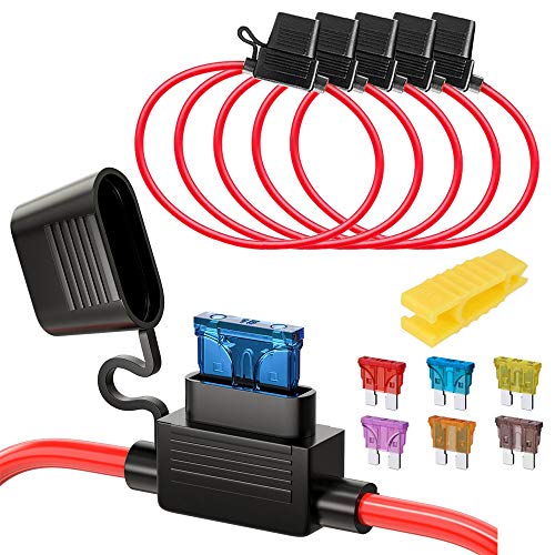 Gebildet 5pcs 16AWG Sicherungshalter mit Draht für KFZ LKW, 32V 20A Inline Flachsicherung Wasserdicht Halter, mit 6-teiligen Standard Mittel Flachsicherungen (3A /5A /7.5A /10A /15A /20A)