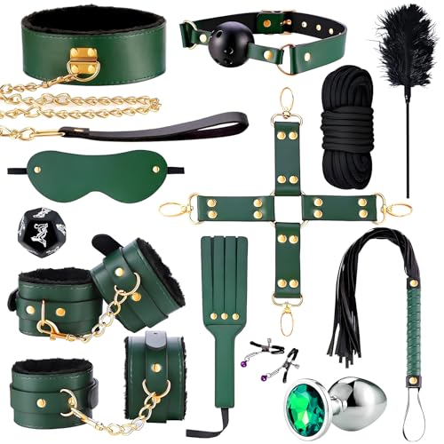 Bondage Set Bett Fesseln Sexspielzeug für Paare 13 Stück BDSM mit Handschellen Fußfesseln Halsband Augenmaske Federkitzler Nippelklemmen Ballknebel Peitsche Paddel für Anfänger Erfahrene Paare