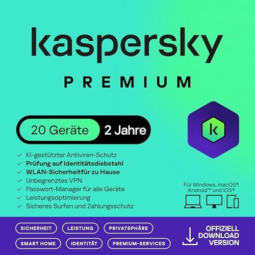 Kaspersky Premium Total Security 2026 | 20 Geräte | 2 Jahre | Anti-Phishing und Firewall | Unbegrenzter VPN | Passwort-Manager | Kindersicherung | 24/7 Unterstützung | PC/Mac/Mobile | Code per Email