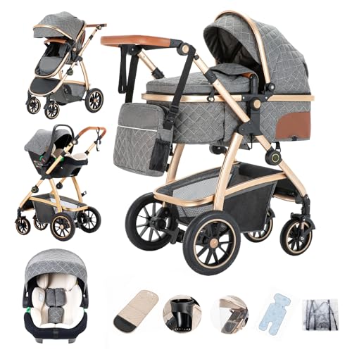 Gcarebb 3 in 1 Kinderwagen, Buggy Mit Auto Babyschale, Mit Höhenverstellbarer Kinderwagen Komplettset, KombiKinderwagen Mit Aluminiumrahmen für Neugeborene 0-4 Jahre