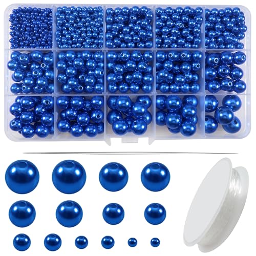 TOAOB 1400 Stück Kunstperle mit Loch Runde Perlen set zum Auffädeln Schmuck Perlen Blau 3mm 4mm 6mm 8mm 10mm 12mm 14mm für Dekorieren Kleidung Halsketten Armbänder