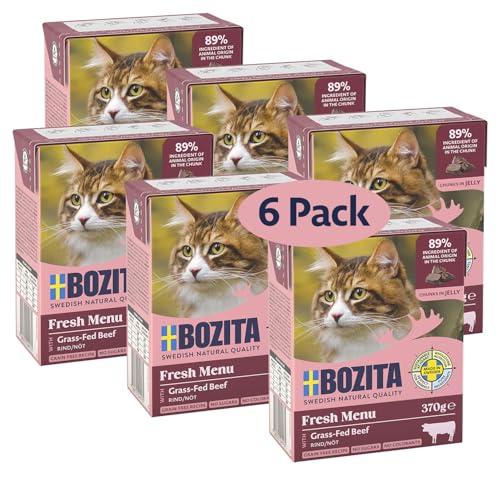 Bozita Tetra Nassfutter mit Rinderhack in Gelee – 6x370g getreidefreies, zuckerfreies Katzenfutter – ohne Gentechnik, mit 7,5% Protein, 5% Fett – vollwertig & ausgewogen für Feinschmecker