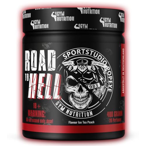 ROAD TO HELL - Ultra Hardcore Booster Pre workout - Pulver - ATP + L-Arginin + Citrullin + Beta Alanin + Koffein 400g in Zusammenarbeit mit Sportstudio Popeye Ice Tea Peach Geschmack Vegan