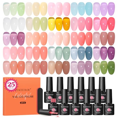 Peacecolor 25 Farben UV Nagellack Set, Gel Nagellack UV Milchweiß Rosa Grün Lila Nail Polish Jelly Gel Nagellack Transparent für Gelnägel DIY-Maniküre zu Hause Geschenke für Anfänger