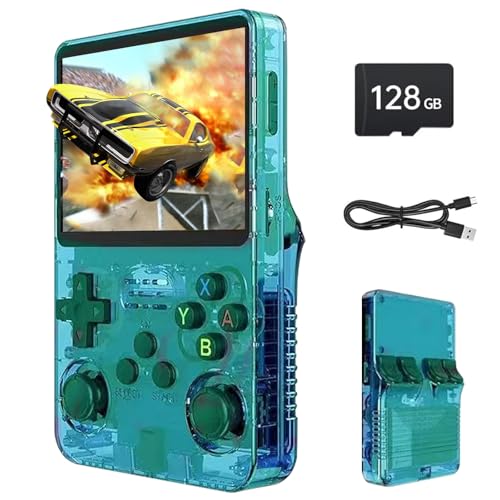 Febotak R36S Retro-Handheld-Spielkonsole, 3,5-Zoll-IPS-Bildschirm, 128 GB Speicher, über 40.000 Spiele, basierend auf LINXU Open Source ARKOS, 3500-mAh-Akku (Translucent Green)