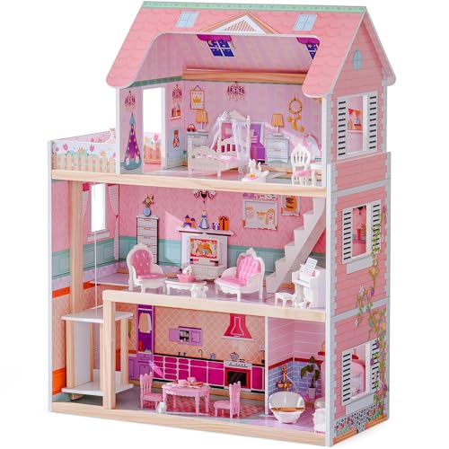 ROBUD Holz Puppenhaus für Kinder, Puppenhaus-Spielzeuggeschenk für Mädchen und Jungen im Alter von 3, 4, 5, 6 Jahren