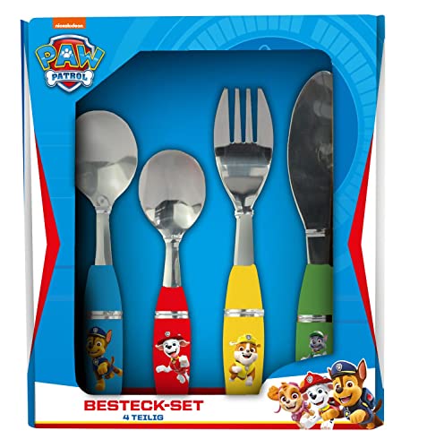PAW Patrol Kinderbesteck Set 4-teilig - Edelstahl Kinder Besteck mit Messer, Gabel, Suppenlöffel und Dessertlöffel - ergonomische Kunststoffgriffe - kindgerecht für Mädchen und Jungen