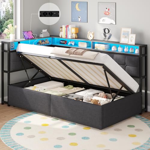DICTAC Polsterbett 90x200 mit Stauraum, LED & Ladestation | Jugendbett 90x200 mit Hydraulischer Bettkasten, zweistöckiges Ablagefach |Tagesbett Einzelbett in Grau– für Kinder,Jugendliche & Erwachsene