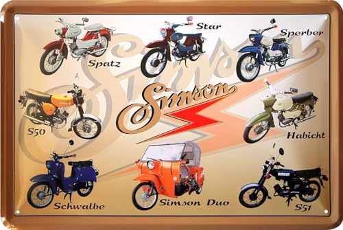 WOGEKA ART Retro Blechschild - DDR Moped Programm: SCHWALBE, STAR, SPATZ, SPERBER, S50 - Nostalgie Deko Schild als Geschenkidee für SIMSON Fans zu Geburtstag Weihnachten 20x30 cm Metallschild 843