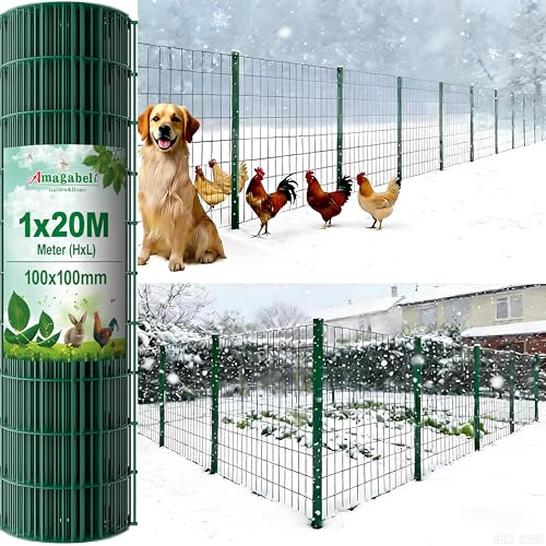 Amagabeli 1.0M X 20M Gartenzaun Zaun PVC-beschichteter Rostfrei 100 x 100mm 2.1 mm Drahtzaun Maschendraht Hundezaun Zaunelemente Grünen Drahtgitter Rolle Kaninchendraht Metall Forstzaun