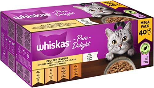 Whiskas 1+ Katzennassfutter Ragout Geflügel Auswahl in Gelee, 40x85g (1 Packung) – Hochwertiges Nassfutter für ausgewachsene Katzen in 40 Portionsbeuteln