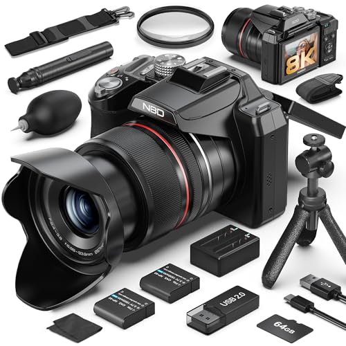 8K & 64MP Digitalkamera für Fotografie, 48X Zoom (16X Optisch + 3X Digital) mit Mondmodus, 180° Klappdisplay, WLAN, Micro-HDMI, inkl. 32GB TF-Karte & 2 Akkus – Vlogging Kamera für YouTube (Schwarz)