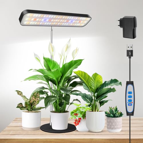 Aumtrly LED Pflanzenlampe, Vollspektrum Wachstumslampe für Kleine Pflanzen Anbauen, 5000K Weißes Licht Grow Lampe mit Sockeln 61cm Höhenverstellbar, 6/12/16H Zeitschaltuhr, 3 Lichtmodi