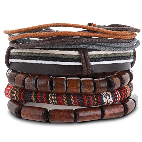 Yolev 5 Stück Lederarmband Herren Wickelarmbänder für Männer Frauen Hanfseil Holzperlen Ethnisches Tribal Armband Goth Bracelet Men Geflochten Breites Armbänder Set Herrenarmbänder