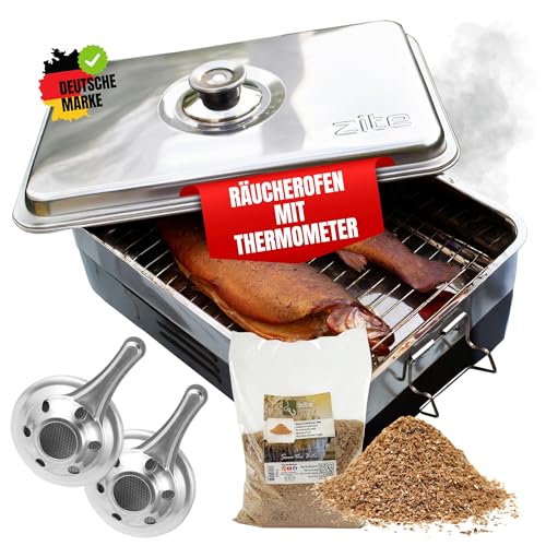 Zite Fishing Räucherofen Edelstahl [mit Thermometer inkl. 300 g Räuchermehl Buche] – Tischräucherofen, Fisch & Mehr Grillen und Räuchern - Angelzubehör, Fischräucherofen Fisch-Räucherofen klein