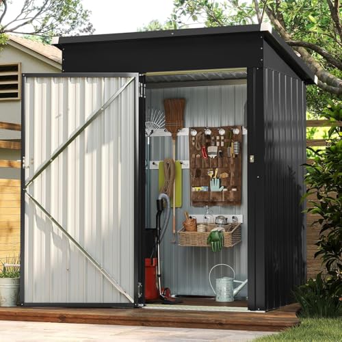 Aoxun Gerätehaus Metall 150 x 91 x 185 cm, Geräteschuppen, Pultdach mit Belüftungslöcher Abschließbarer Tür für Outdoor Garten Schuppen, Schwarz