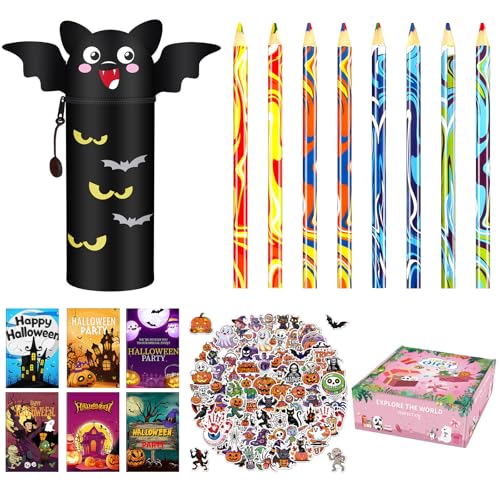 Scribbelfein Halloween radierbaren Gelstiften Set,Kawaii Federmäppchen, Buntstifte, Aufkleber,Notizbuch, Schreibwaren Sets für Kinder, Halloween Geschenk,Schulbüro Familie Partytüte Füller