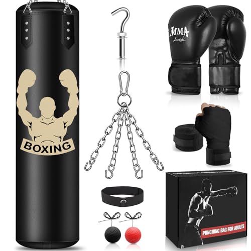 NZQXJXZ Boxsack Hängend für Erwachsene, 120cm Schwerer Boxsack, Boxtraining Ausrüstung mit Ungefüllten Boxing Bag, Reflex Ball, Boxhandschuhe, Boxbandagen, Boxset für MMA Karate Kickboxen Muay Thai