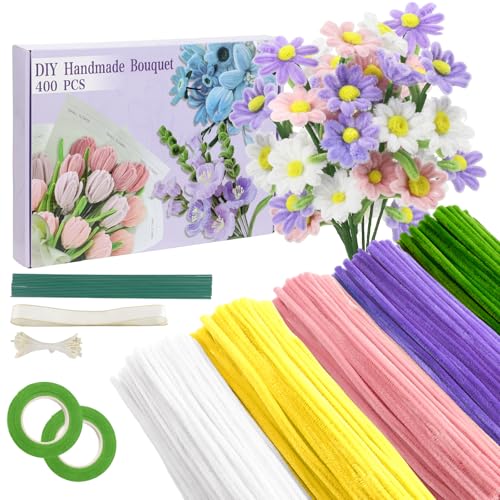 Galerie SV Pfeifenputzer zum Basteln Set, 400 Stück Pfeifenreiniger 5 Farben Blumenstrauß Pfeifenreiniger Blumen mit Geschenkband, Klebeband, Staubblätter für DIY Geschenke und Dekorieren