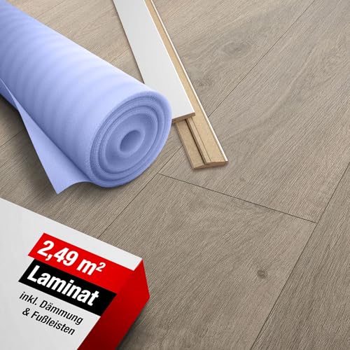 LaminatDEPOT Klick Laminatboden Eiche [2,49 m²] inkl. Trittschalldämmung & Sockelleiste, Premium Laminat mit einfachem Klicksystem, umlaufender Fuge im Dielen-Format, echter Holzoptik - Tajo Grau