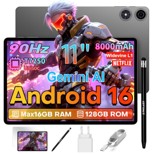 TECLAST P50T Android 16 Tablet 11 Zoll Gemini AI, 90Hz Display, T7250 Octa Core Gaming Tablets, 8000mAh Akku, 16GB RAM+128GB ROM(5TB TF), 5G WLAN, Widevine L1, GPS/13MP/GMS/OTG, Tablet mit Stift, 2026