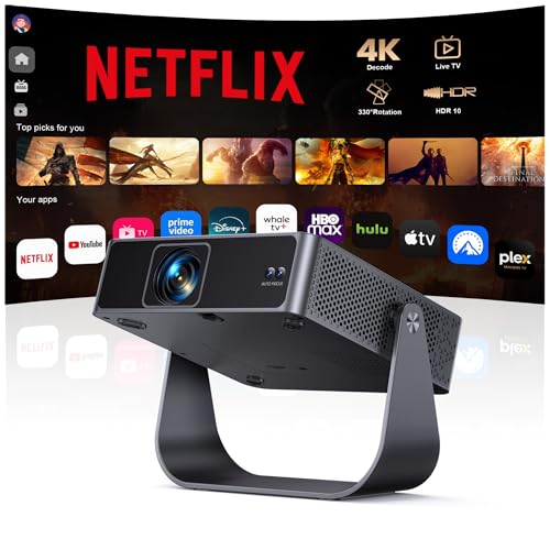 Smart Beamer【Kompatibel mit Netflix/Live TV/330° Drehbar】 Mini Beamer 4K mit Autofokus/6D Trapezkorrektur, Mini Projector 4K 1080P Full HD WiFi6 & Bluetooth Heimkino/Outdoor Klein Projektor für Handy