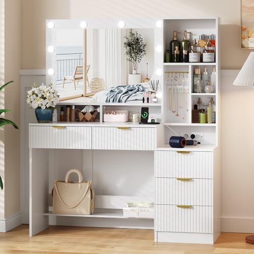JUMMICO 114cm Großer Schminktisch mit großem Spiegel und LED-Leuchten, Schminktisch mit 5 Schubladen, 7 offene Regale, 7 Häkchen, Kosmetiktisch für Mädchen, Frauen und Schlafzimmer, Gletscherweiß