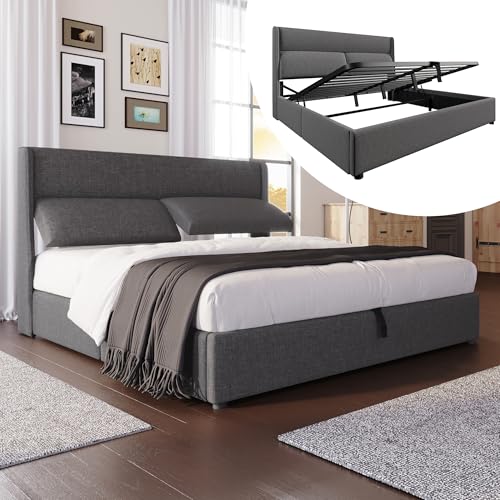 Dolamaní Boxspringbett Doppelbett 180x200 cm, Polsterbett mit Verstellbare Kopfstützen,Hydraulisches Bettgestell mit Stauraum, Bett mit Metall- Lattenrost, Leinen Ohne Matratze (Grau)