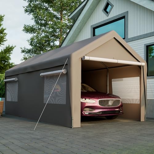 LARFOEK Zeltgarage Carport 3x6m Winterfest mit Roll-Up-Fenster, Abnehmbare Seitenwände und Dach, Lagerzelt Stallzelt Weidezelt für Auto, SUV, Boot, LKW, Grau