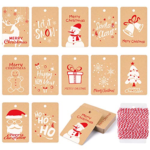 KUUQA 120Pcs Geschenkkarten Weihnachten Stichworte Festival Kraft Papier Karte für Weihnachten Geschenk Verpackung Etikett mit Hanging Seil
