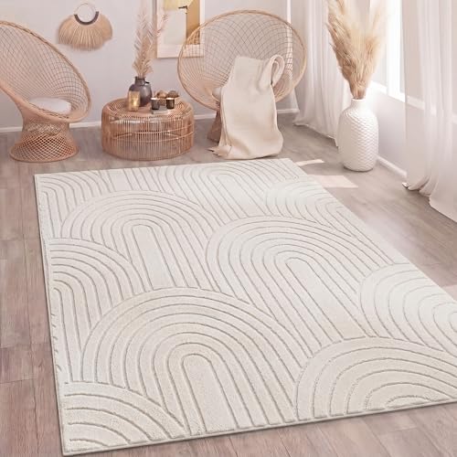 Paco Home Teppich Wohnzimmer Schlafzimmer Hochflor Weich Uni Skandinavisch Boho Motiv 3D Optik Regenbogen Waschbar Creme, Grösse:160x220 cm