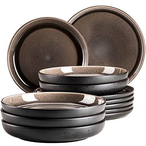 MÄSER 934021, Serie Niara, Modernes Teller Set für 6 Personen in aufregendem Vintage Look, 12-teiliges Tafelservice aus Keramik in Grau und Schwarz, Steinzeug
