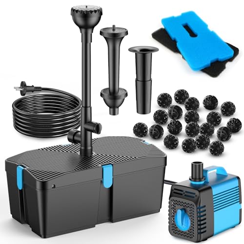 Teichpumpe mit Filter und Springbrunnen Set, 50W 2500L/H Teichpumpe und Filter-Kit, Teichfilter für Außenteiche, sauberer Koi-Teichfilter