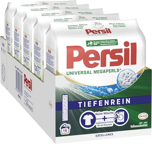 Persil Universal Megaperls (5 x 16 Waschladungen), Vollwaschmittel mit Tiefenrein Technologie, Waschmittel für reine Wäsche & hygienische Frische für die Maschine, 20 °C bis 95 °C