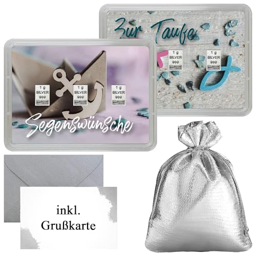 Silberbarren zur Taufe in Motivbox „Zur Taufe/Segenswünsche“ von Silberstücke24 – Feinsilber 999 CombiBar – Geschenkfertig mit Grußkarte (3g Silber)
