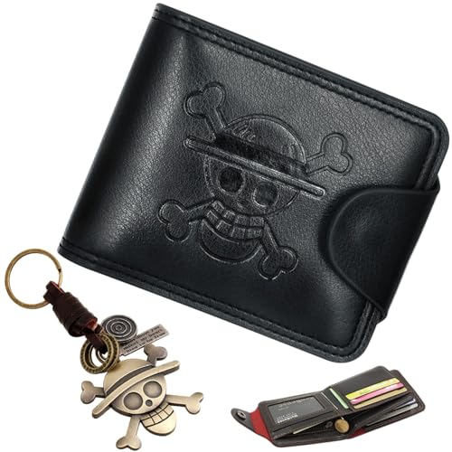 Liekadijiae 2 Stück Geldbörse aus Leder, Anime Geldbörse Aus Leder, Anime Schlüsselbund Anhänger, Metall Anhänger Keyring für Unisex, Schlüsselanhänger mit Cartoon-TotenkopfAnhänger