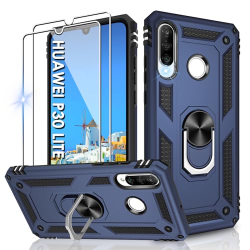 Jshru Hülle für Huawei P30 Lite Handyhülle Militärische Stoßsichere Schutzhülle mit 2 Stück Schutzfolie, mit 360° Metall Ring Ständer doppellagig Case für Huawei P30 Lite,Blue