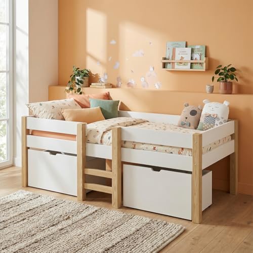Bellabino Aspy Kinderbett 90x200 cm – Hochbett mit 2 Schubladen, Rausfallschutz & Lattenrost – Halbhochbett mit Leiter aus Kiefer Massivholz in Weiß/Natur – Jugendbett mit Stauraum
