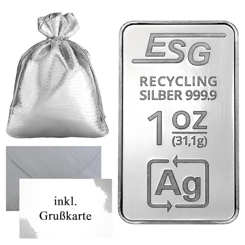 ESG Recycling Silberbarren Ag 999,9 Feinsilber – Made in Germany – Silberbarren mit Echtheitsgarantie, Grußkarte, Umschlag & Geschenkbeutel – Silbergeschenk von Silberstücke24 (31,1g)