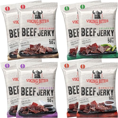 Viking Bites Beef Jerky Mischkarton 400g (8 x 50g) – 2x Original, 2x Jalapeno, 2x Barbecue, 2x Teriyaki – Getrocknetes Rindfleisch – Fleischsnack mit hohem Proteingehalt