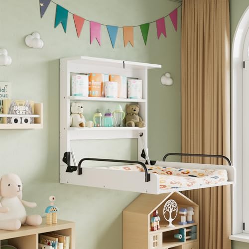 MSFE Wickelkommode Wickeltisch Klappbar, Baby Changing Table Wandwickeltisch mit 3 Regalfächern, Wickeltische Toiletten Horizontal - Platzsparend zur Einfachen Wandmontage - Holz weiß